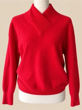 80s Vintage Cashmere Wool Blend Mild V Neck Red Sweater M